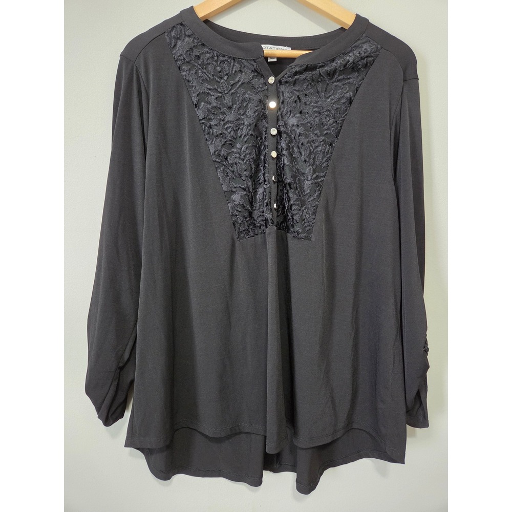 Notations Woman Black Lace Henley Blouse 2X Long‎ Sleeve WITU5638 Stretch Top